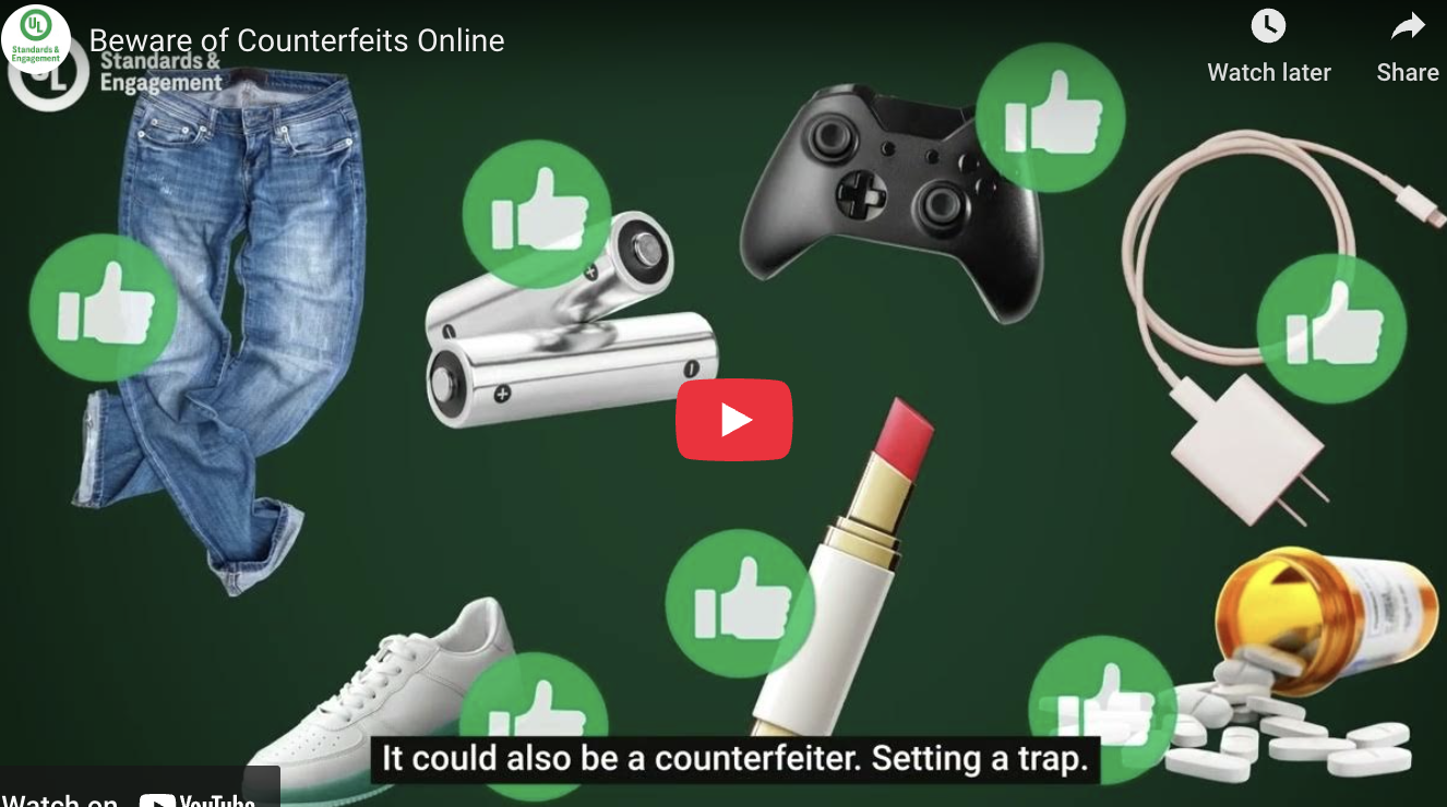 A video screenshot shows various items with green thumbs-up icons: jeans, batteries, a game controller, a charging cable, sneakers, lipstick, and white pills. Subtitle reads, "It could also be a counterfeiter. Setting a trap.